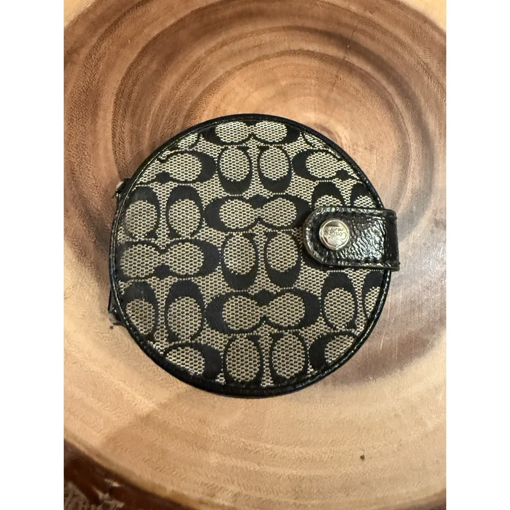 Vintage Coach Round Monogram Black Canvas Compact Double Folding Mirror Rare